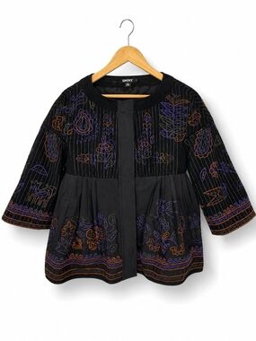 DKNY Vintage Embroidered Peplum 97% Wool Boho Jacket Black Size 2